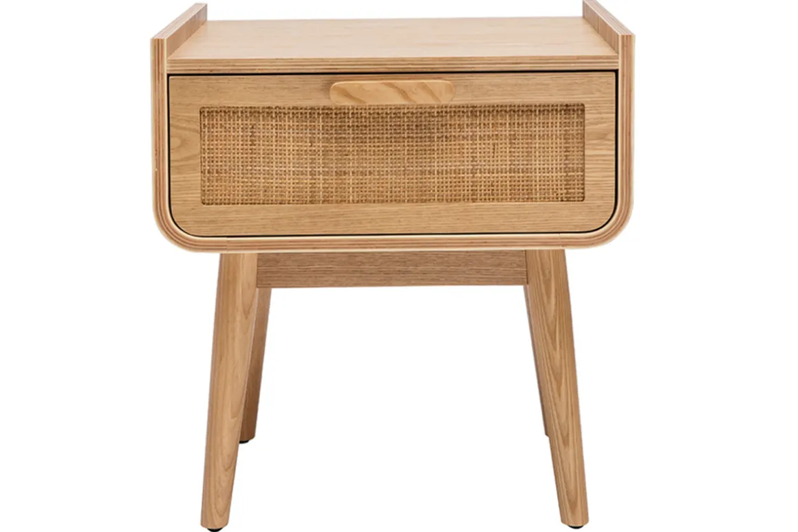 Discount Miliboo Set de 2 mesillas de noche con cajón de madera maciza clara y caña de ratán 50 cm ATHÈNE