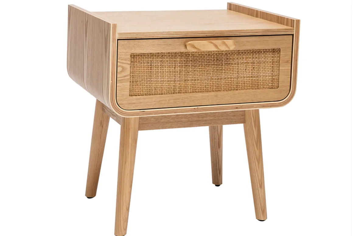 Discount Miliboo Set de 2 mesillas de noche con cajón de madera maciza clara y caña de ratán 50 cm ATHÈNE