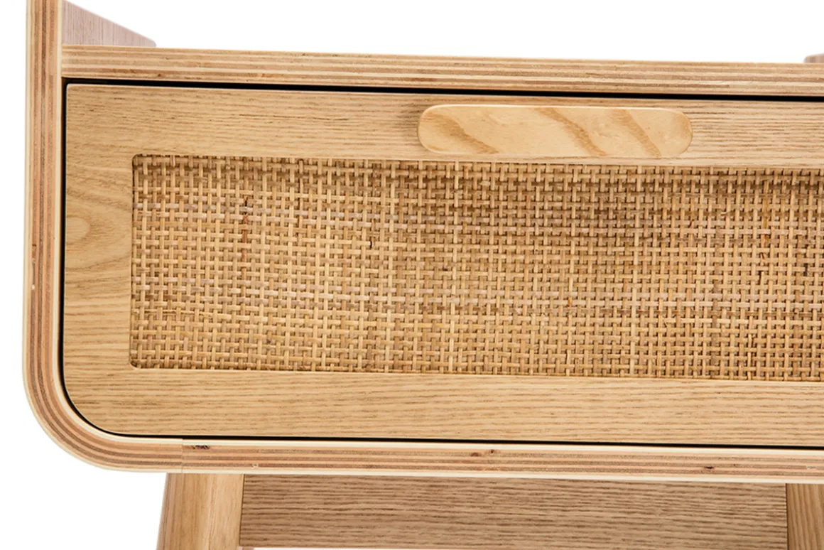 Discount Miliboo Set de 2 mesillas de noche con cajón de madera maciza clara y caña de ratán 50 cm ATHÈNE