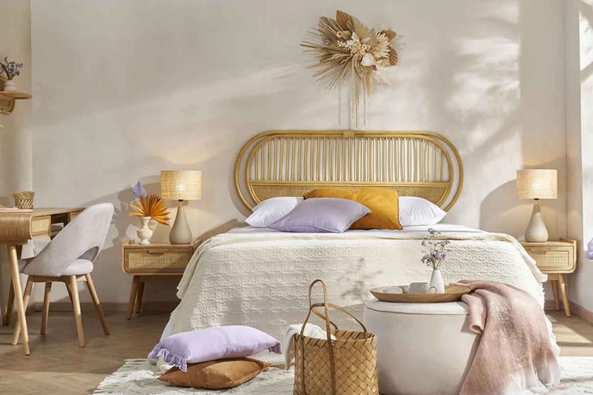 Discount Miliboo Set de 2 mesillas de noche con cajón de madera maciza clara y caña de ratán 50 cm ATHÈNE