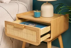 Discount Miliboo Set de 2 mesillas de noche con cajón de madera maciza clara y caña de ratán 50 cm ATHÈNE