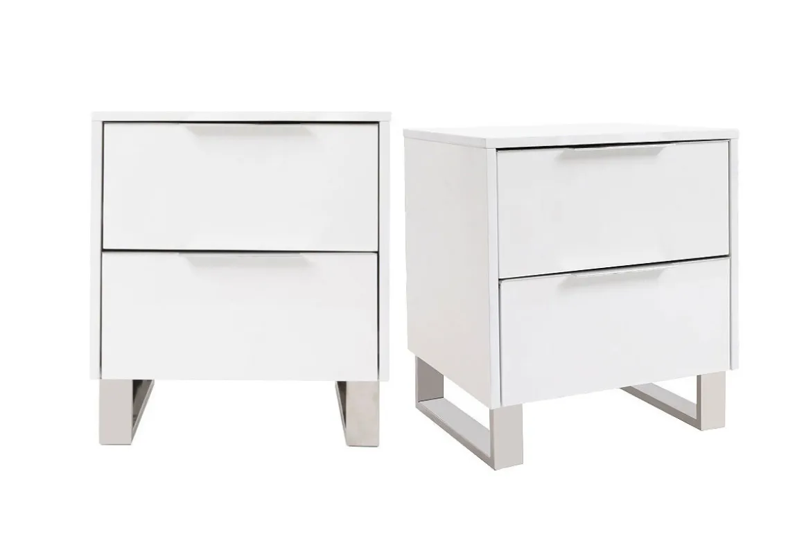 Clearance Miliboo Set de 2 mesillas de noche de diseño blanco lacado y metal cromado 45 cm HALIFAX