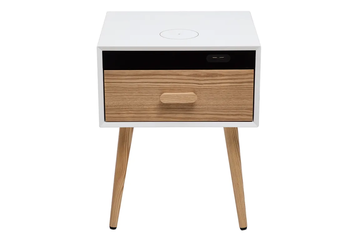 Store Miliboo Set de 2 mesillas de noche multimedia de madera clara maciza y blanco mate 40 cm PAVAN