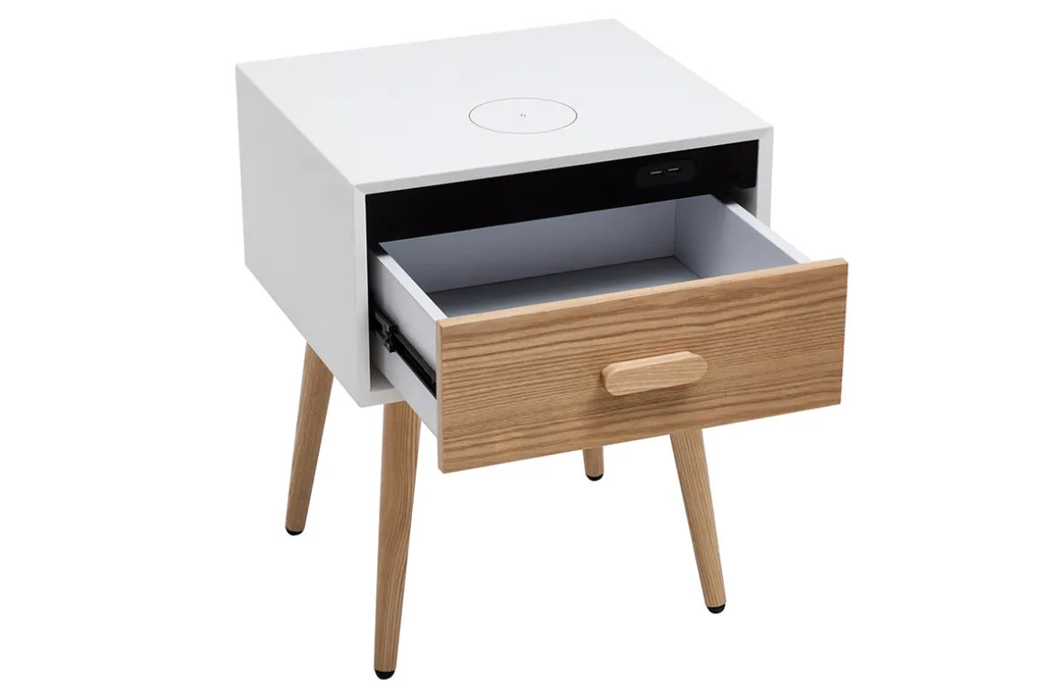 Store Miliboo Set de 2 mesillas de noche multimedia de madera clara maciza y blanco mate 40 cm PAVAN