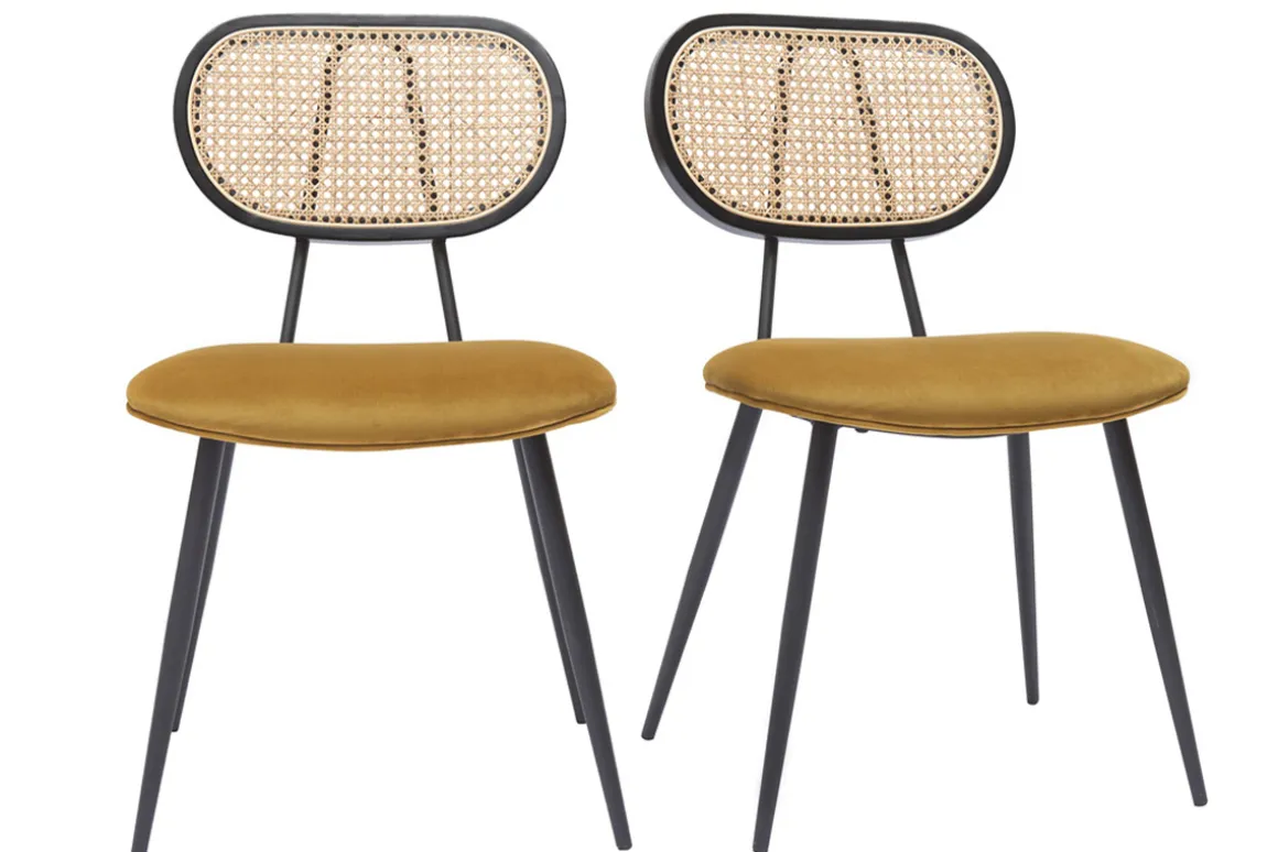 Shop Miliboo Set de 2 sillas de diseño de terciopelo bronce, metal negro y rejilla de ratán natural TOLMA