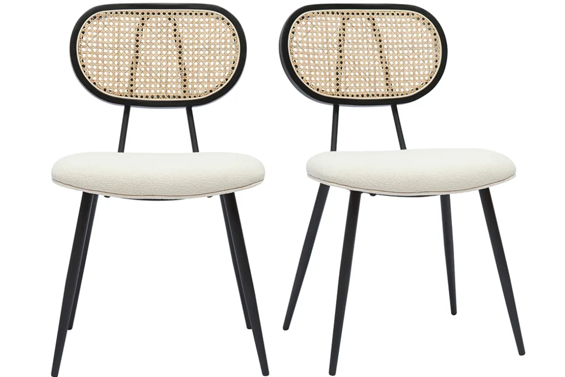 Best Sale Miliboo Set de 2 sillas de diseño de borreguillo blanco roto, metal negro y rejilla de ratán natural TOLMA