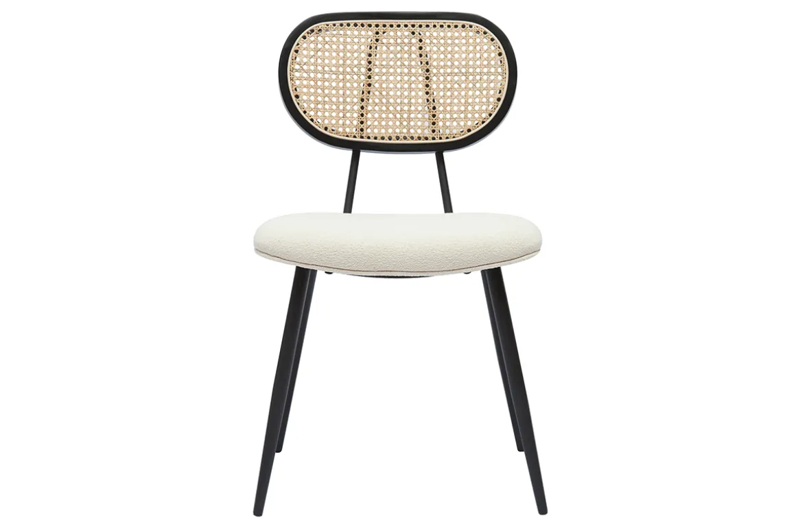 Best Sale Miliboo Set de 2 sillas de diseño de borreguillo blanco roto, metal negro y rejilla de ratán natural TOLMA
