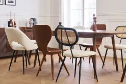Best Sale Miliboo Set de 2 sillas de diseño de borreguillo blanco roto, metal negro y rejilla de ratán natural TOLMA