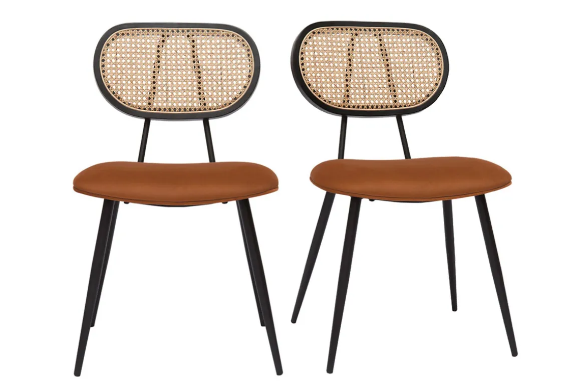 Outlet Miliboo Set de 2 sillas de diseño de terciopelo terracota, metal negro y rejilla de ratán natural TOLMA