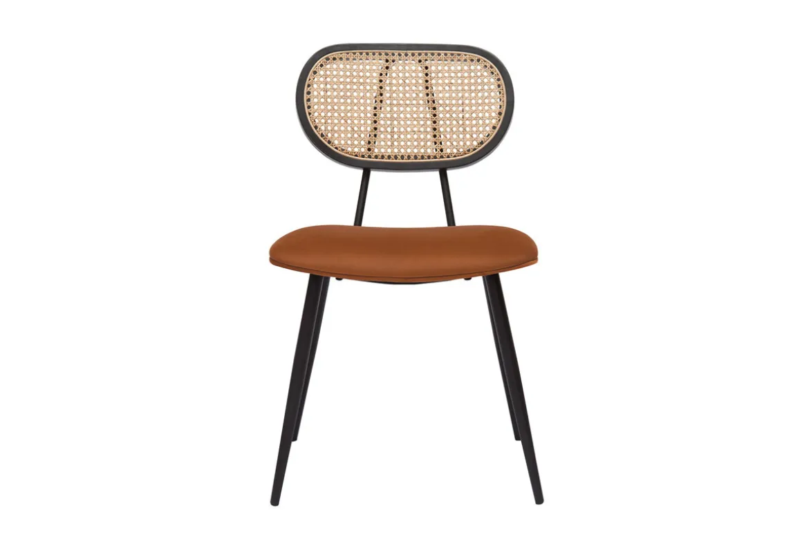Outlet Miliboo Set de 2 sillas de diseño de terciopelo terracota, metal negro y rejilla de ratán natural TOLMA