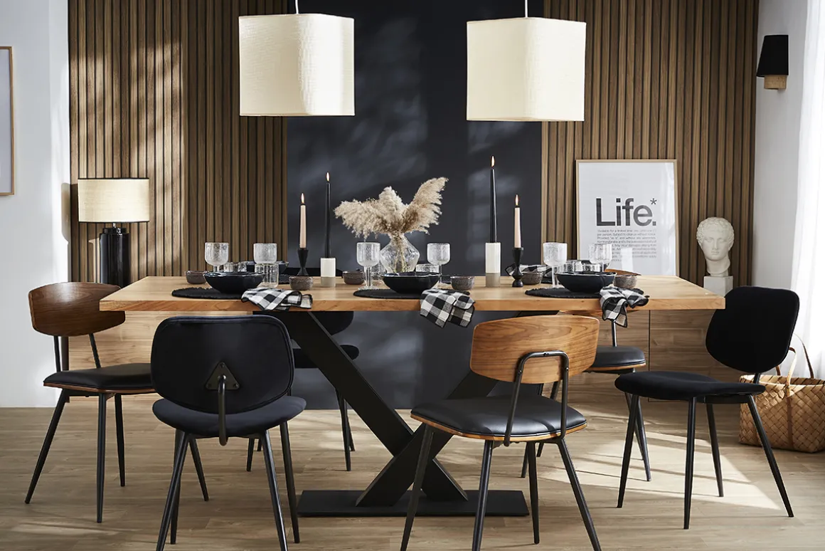 Sale Miliboo Set de 2 sillas vintage de madera de nogal oscuro con asiento negro y metal negro JOLINE