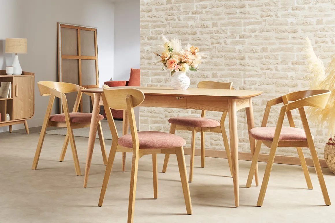 Best Miliboo Set de 2 sillas vintage de madera de roble claro y tela efecto aterciopelado texturizado DOVE