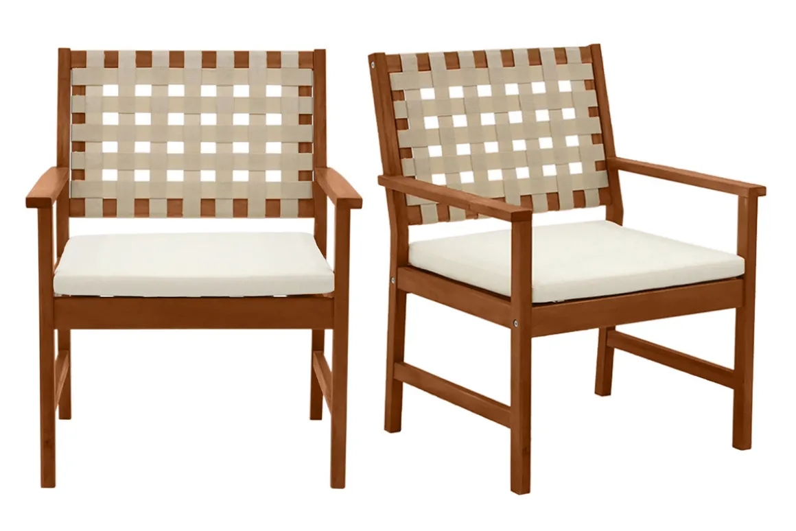 Online Miliboo Set de 2 sillones de jardín de madera maciza con cojín blanco y cinchas beige SANTANA