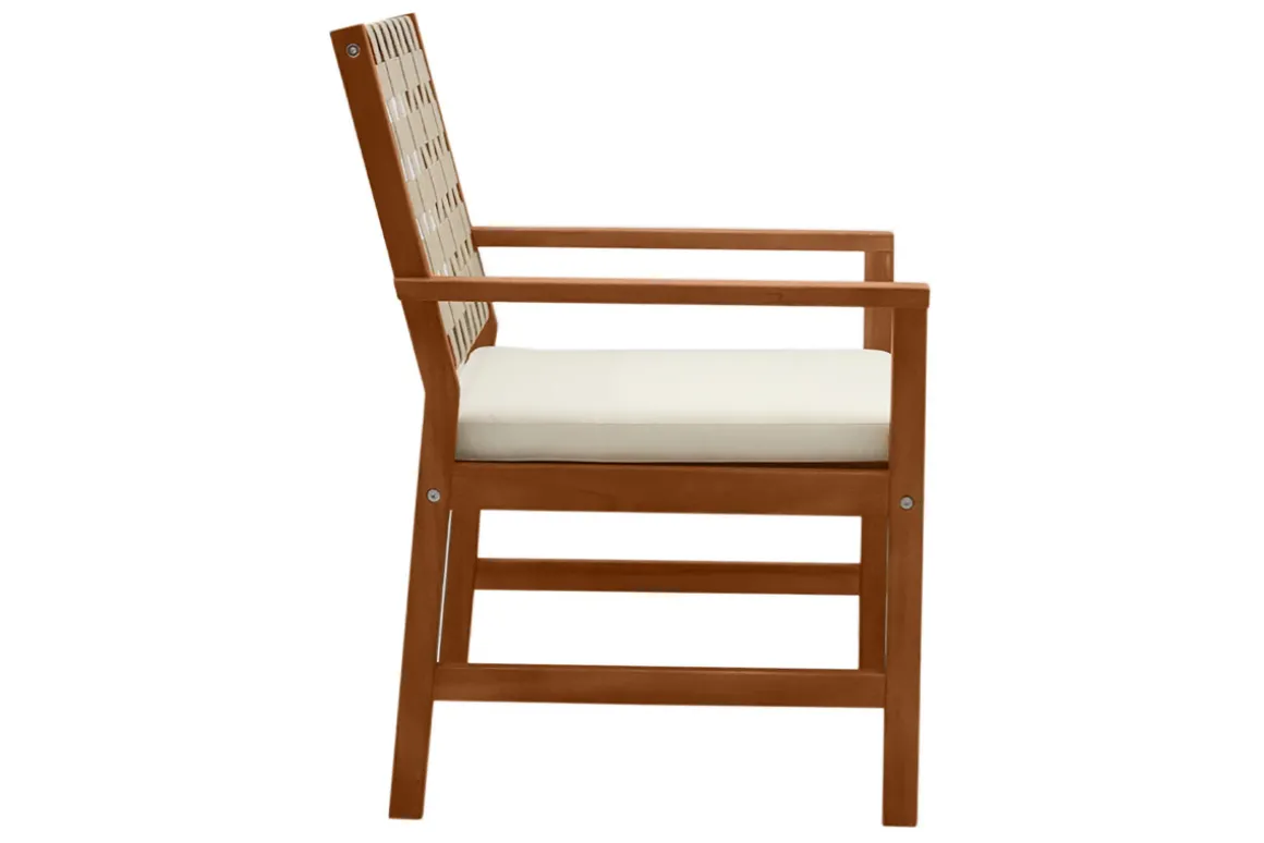 Online Miliboo Set de 2 sillones de jardín de madera maciza con cojín blanco y cinchas beige SANTANA
