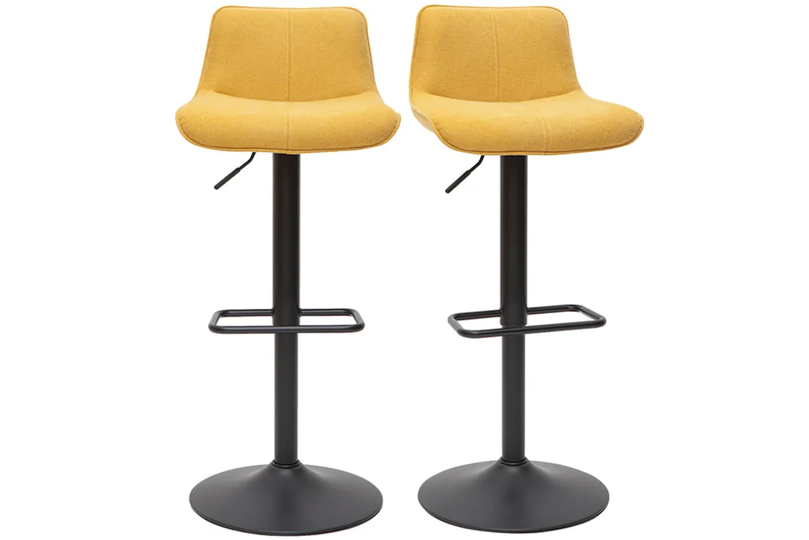 Outlet Miliboo Set de 2 taburetes de cocina regulables y giratorios 360º de tejido efecto aterciopelado amarillo mostaza y metal negro BOOST