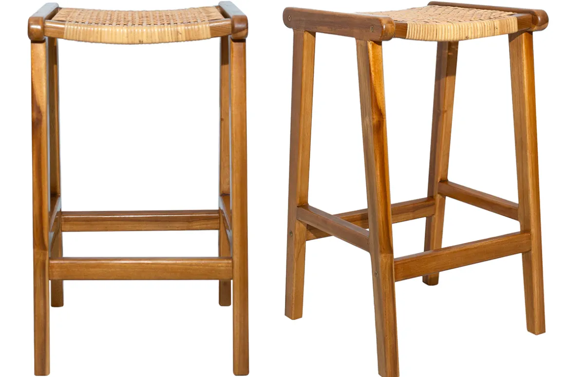 Discount Miliboo Set de 2 taburetes de cocina étnicos de madera maciza de teca y caña de ratán 65 cm GAWA