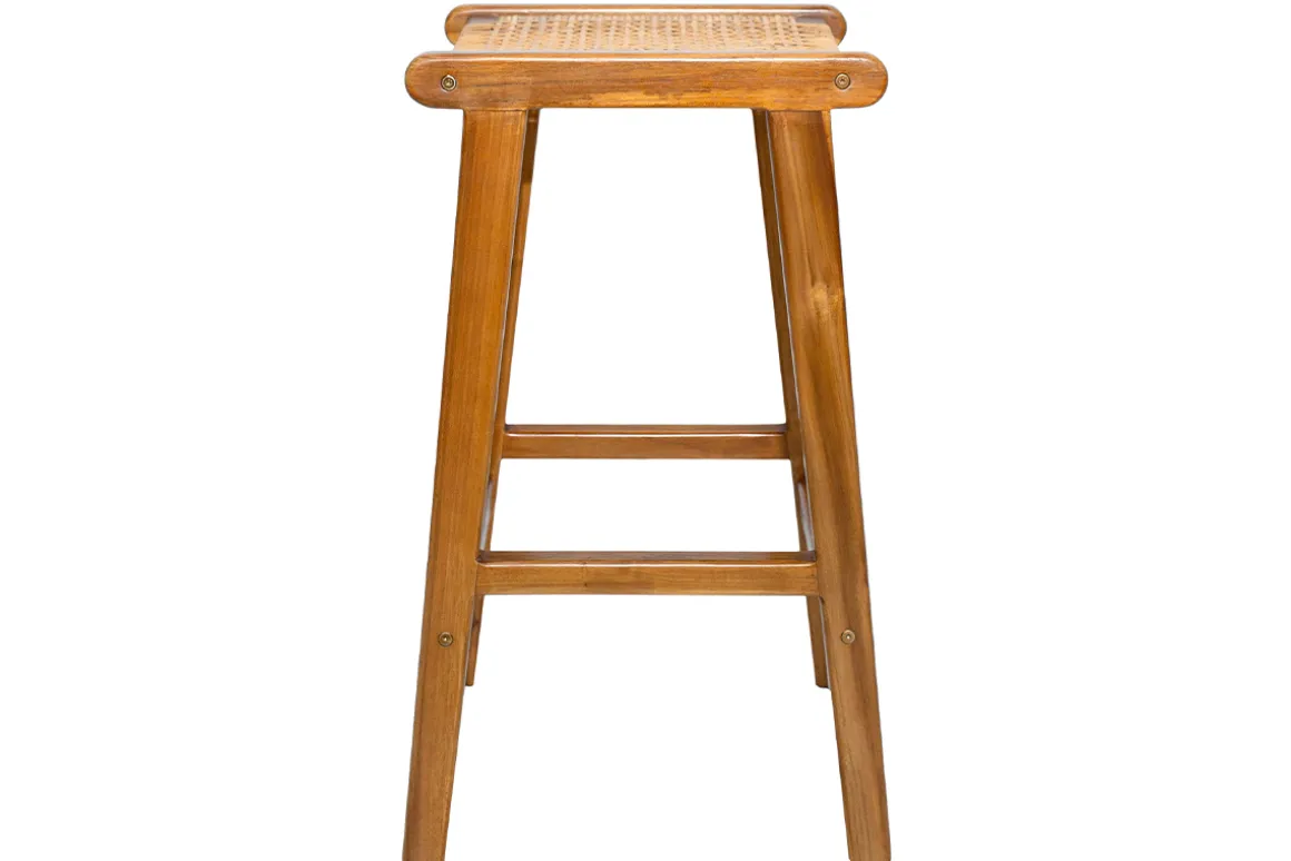Discount Miliboo Set de 2 taburetes de cocina étnicos de madera maciza de teca y caña de ratán 65 cm GAWA