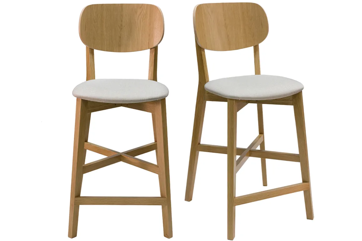 Shop Miliboo Set de 2 taburetes de cocina de madera de roble clara y tejido beige 65 cm LUCIA