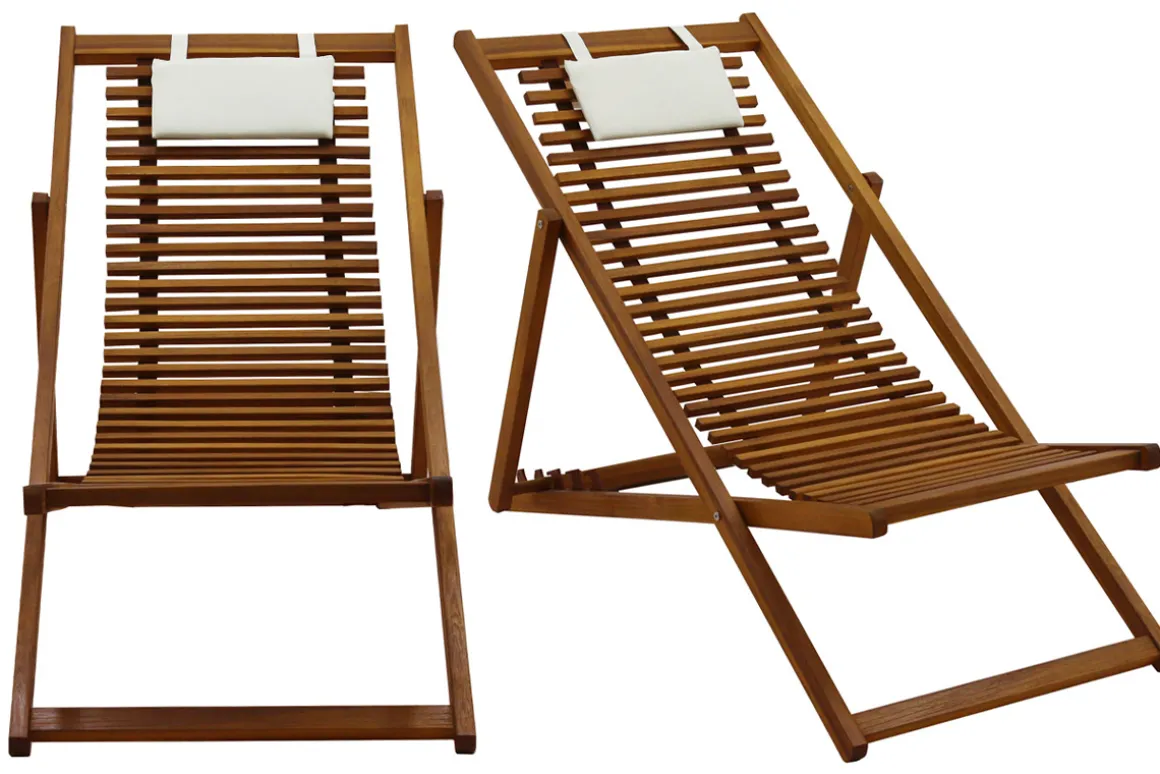Hot Miliboo Set de 2 tumbonas de madera maciza con cojín de tela blanca MOONA