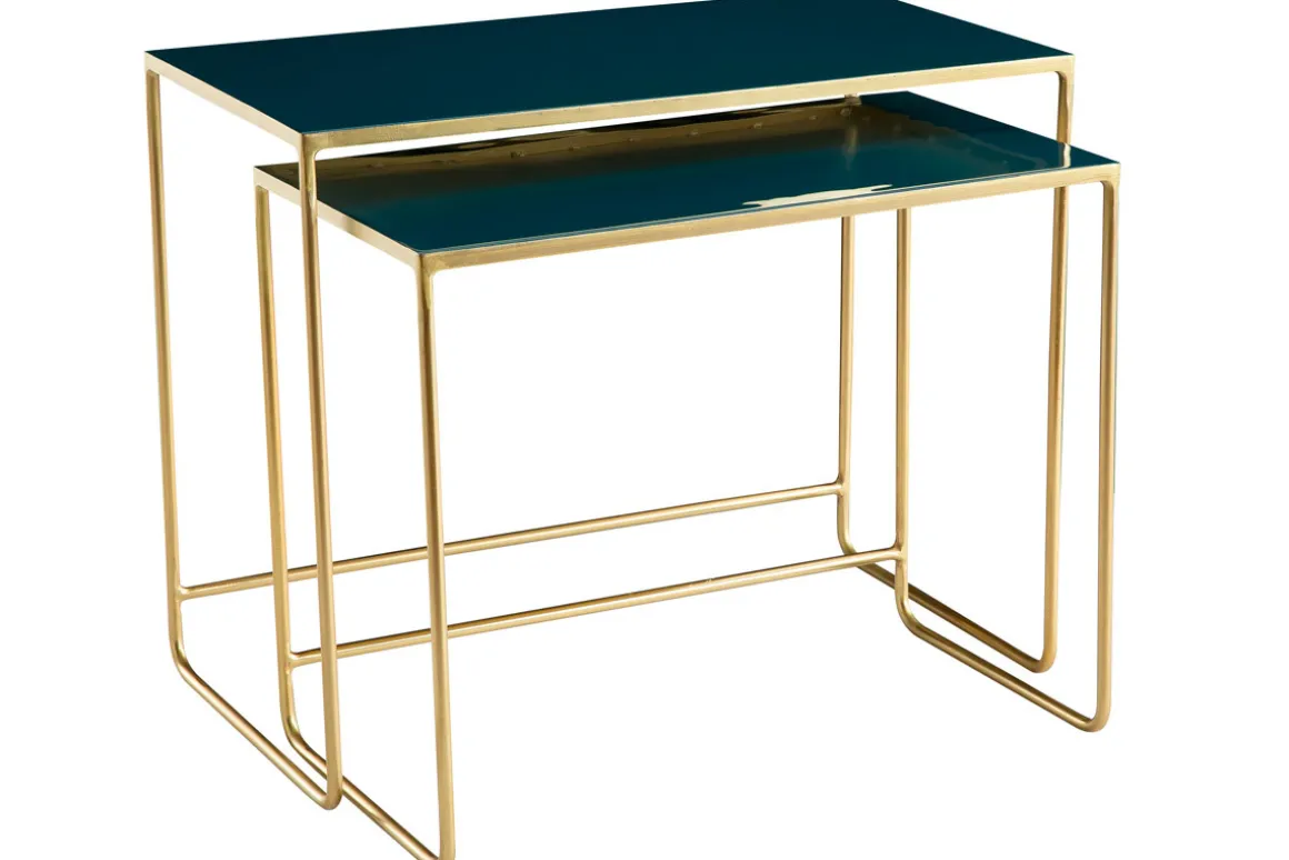 Discount Miliboo Set de 2 mesas de centro nido azul petróleo y dorado WESS