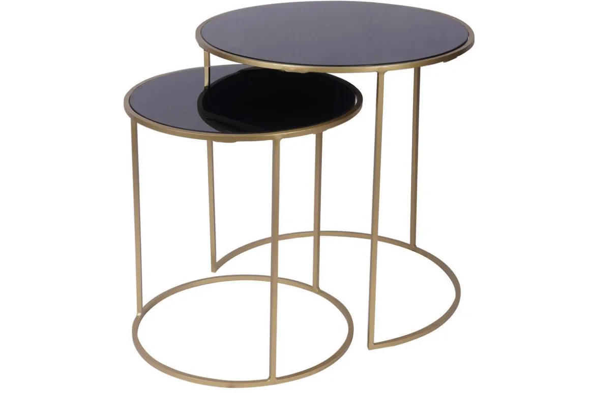 Sale Miliboo Set de 2 mesas nido auxiliares de cristal tintado negro y metal dorado JANE