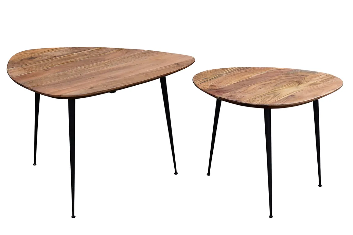 Store Miliboo Set de 2 mesas nido de acacia maciza y metal negro STONES