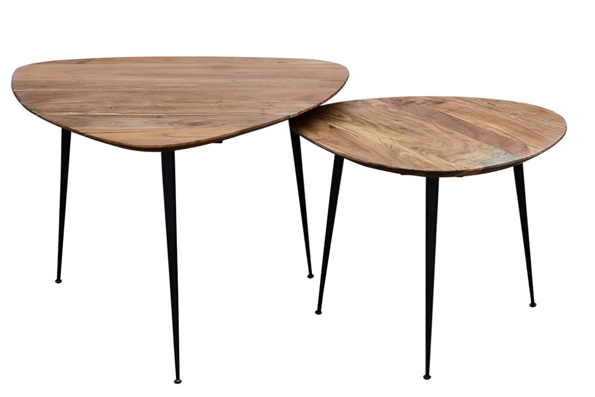 Store Miliboo Set de 2 mesas nido de acacia maciza y metal negro STONES