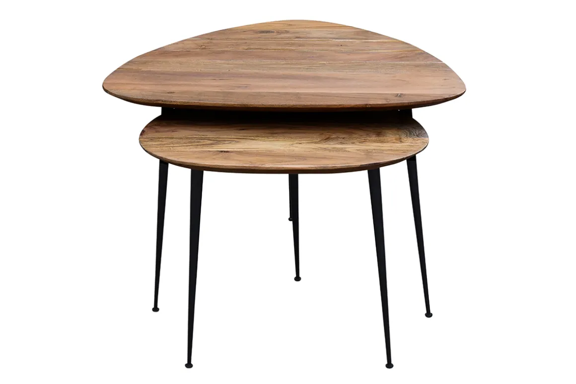 Store Miliboo Set de 2 mesas nido de acacia maciza y metal negro STONES