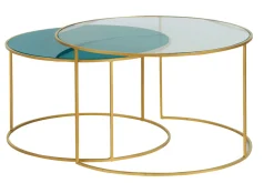 Clearance Miliboo Set de 2 mesas nido de centro en metal dorado y cristal tintado azul petróleo ROXO