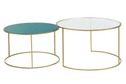 Clearance Miliboo Set de 2 mesas nido de centro en metal dorado y cristal tintado azul petróleo ROXO