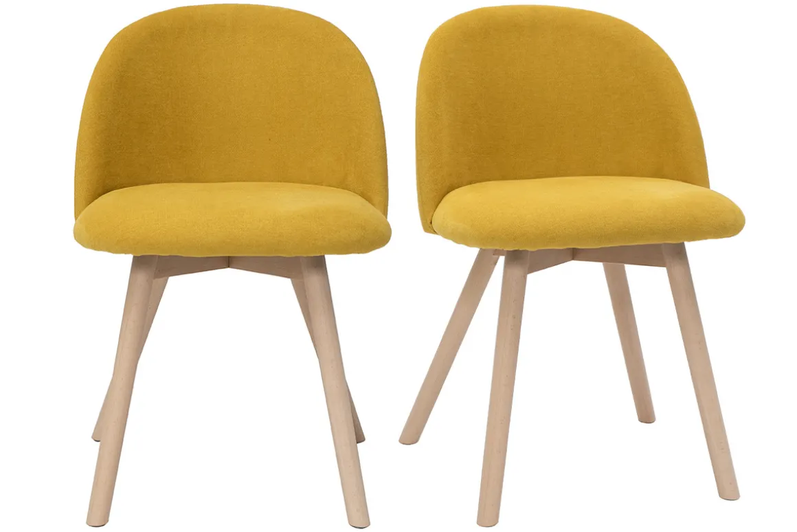 Shop Miliboo Set de 2 sillas nórdicas de tela efecto aterciopelado amarillo mostaza y haya maciza CELESTE