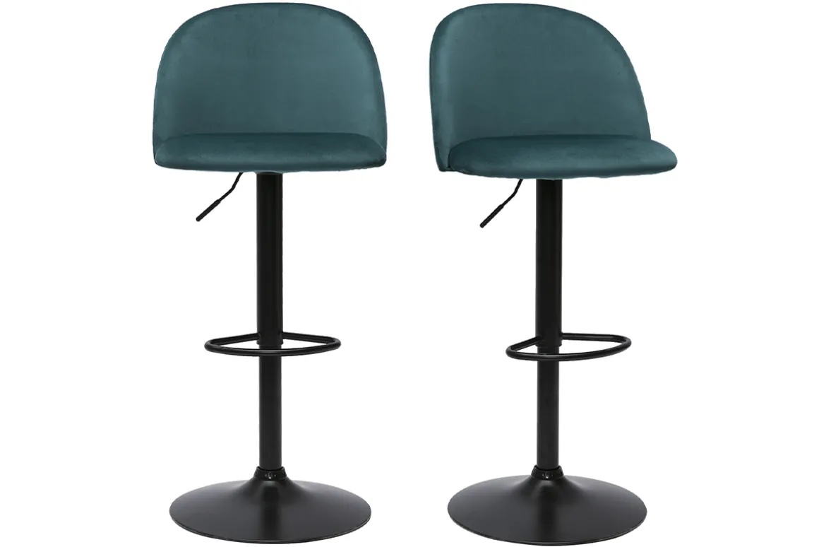 Sale Miliboo Set de 2 taburetes de cocina ajustables de terciopelo azul petróleo y metal negro CELESTE