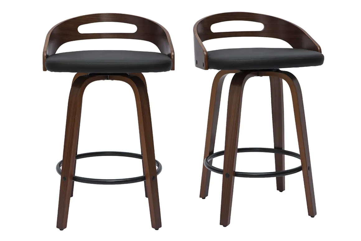 Clearance Miliboo Set de 2 taburetes de cocina de diseño madera oscura y poliuretano negro 65 cm MANO