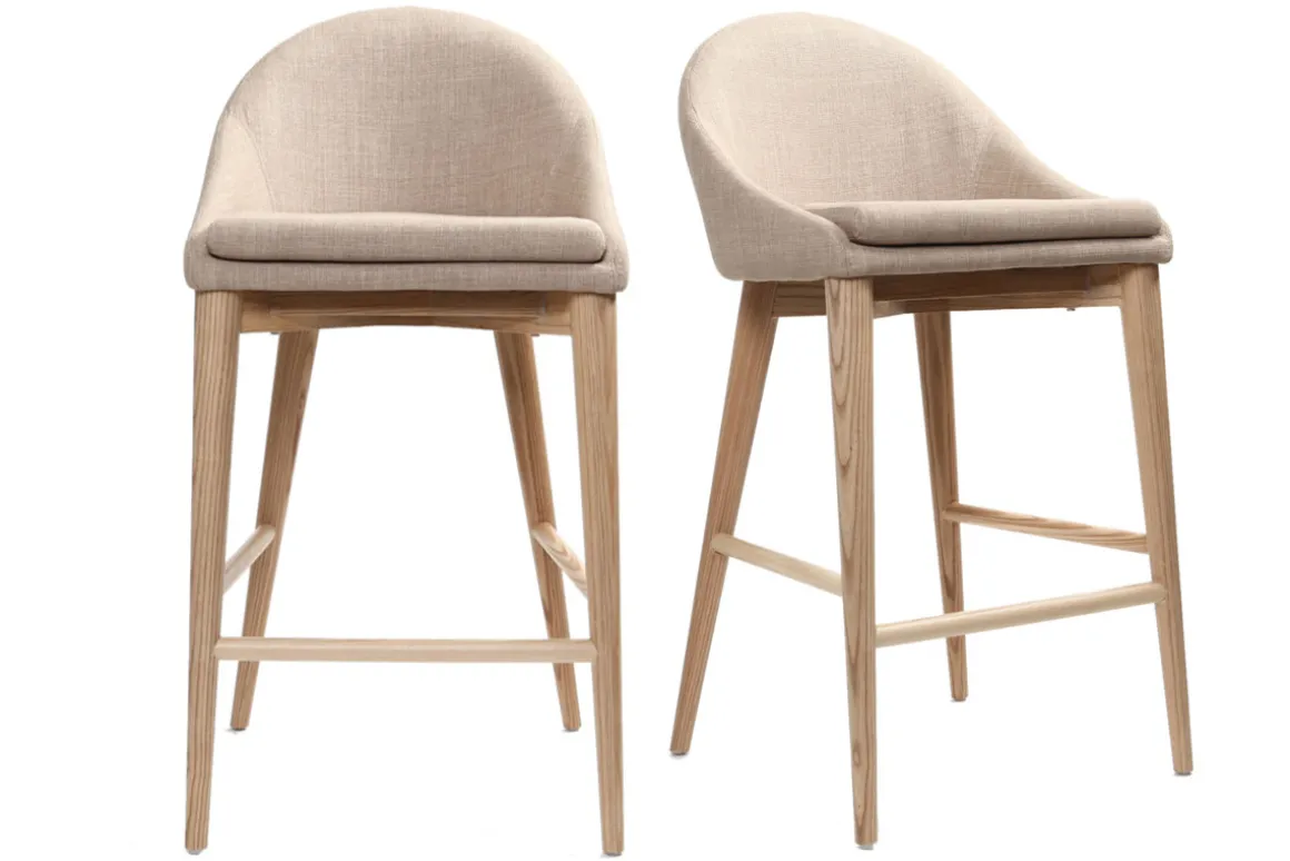 Outlet Miliboo Set de 2 taburetes de cocina nórdicos de tela beige y fresno macizo 66 cm DALIA