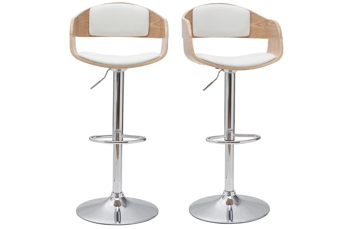 Shop Miliboo Set de 2 taburetes de cocina ajustables de poliuretano blanco y madera clara EUSTACHE