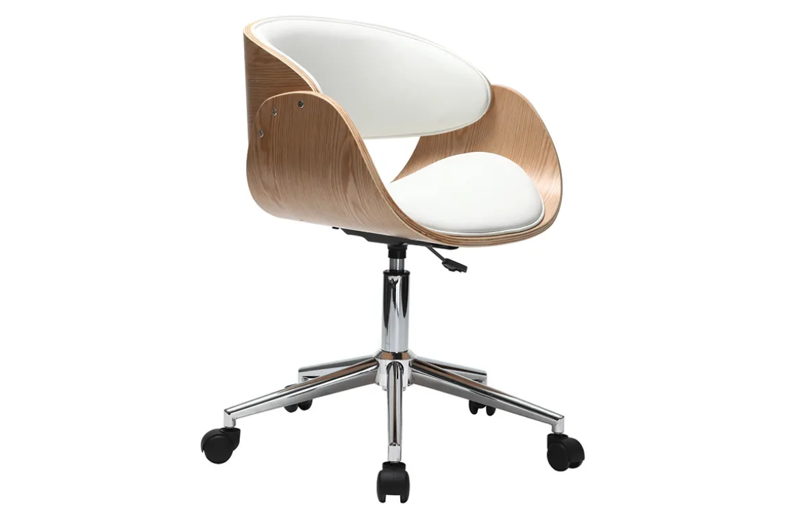 Best Sale Miliboo Silla de escritorio blanco y madera clara con ruedas BENT
