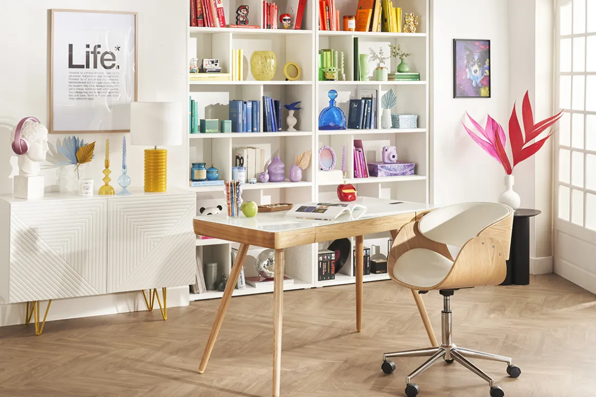 Best Sale Miliboo Silla de escritorio blanco y madera clara con ruedas BENT