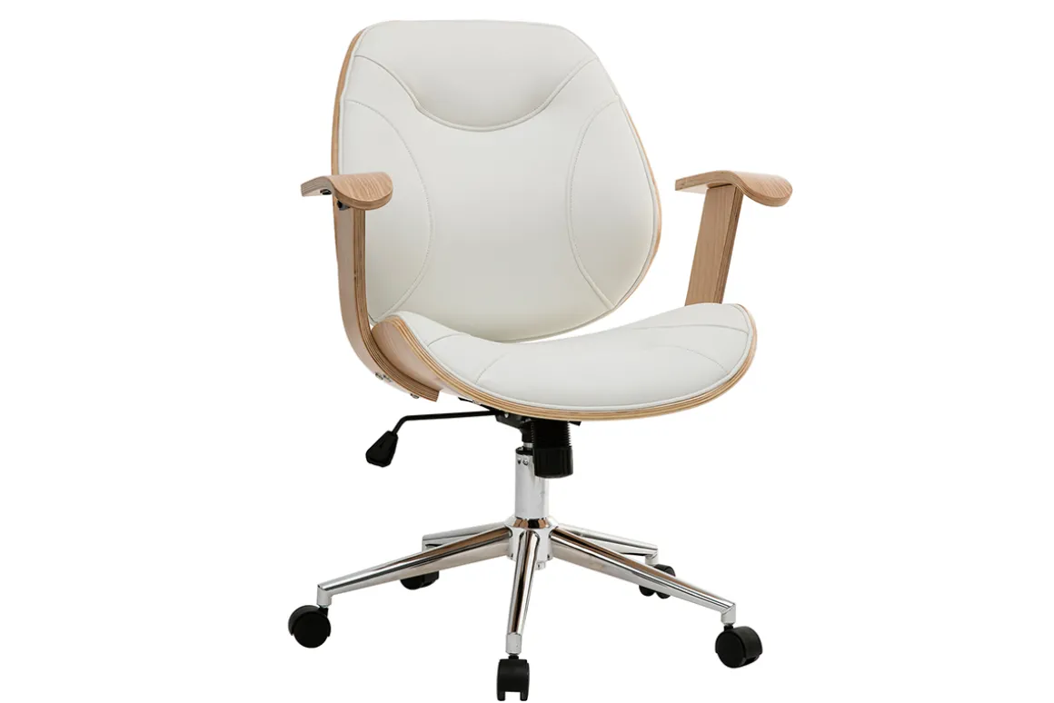 Store Miliboo Silla de escritorio moderna blanca y madera clara YORKE