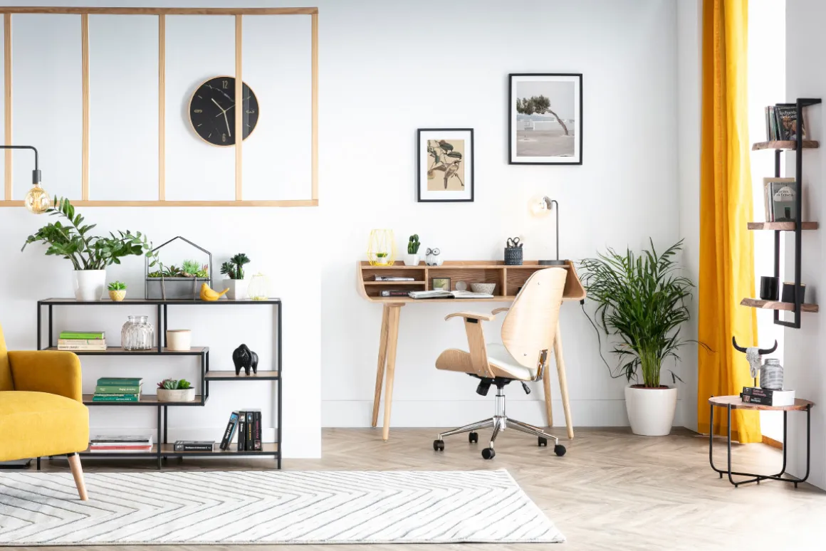 Store Miliboo Silla de escritorio moderna blanca y madera clara YORKE