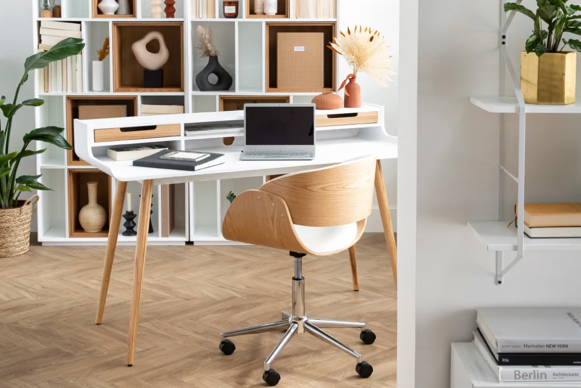 Online Miliboo Silla de escritorio tejido gris claro y madera clara con ruedas BENT