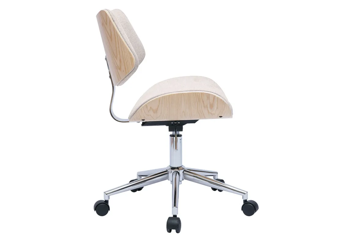 Flash Sale Miliboo Silla de oficina con ruedas de diseño en tela de terciopelo beige, madera de roble claro y metal MALMO