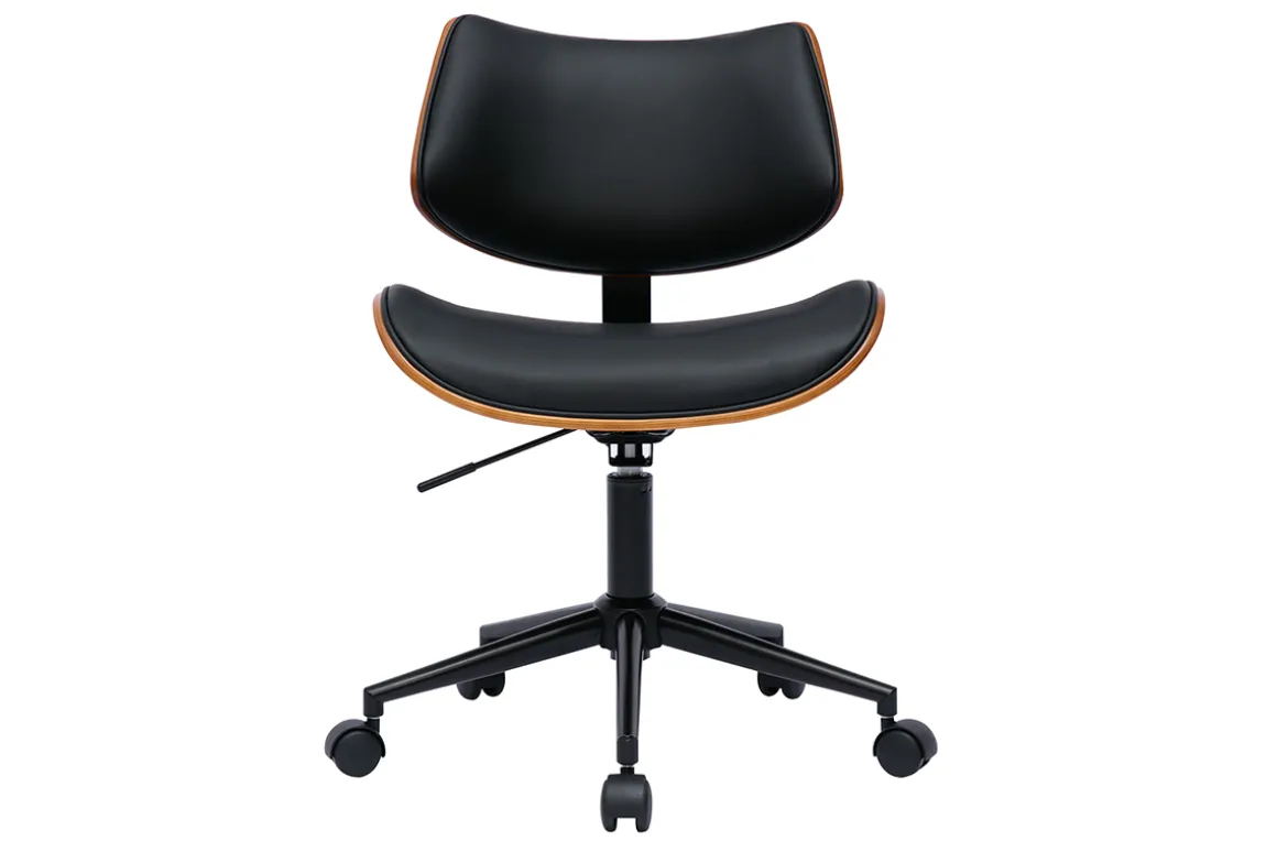 Online Miliboo Silla de oficina de diseño negra con ruedas, madera de nogal oscuro y metal negro MALMO