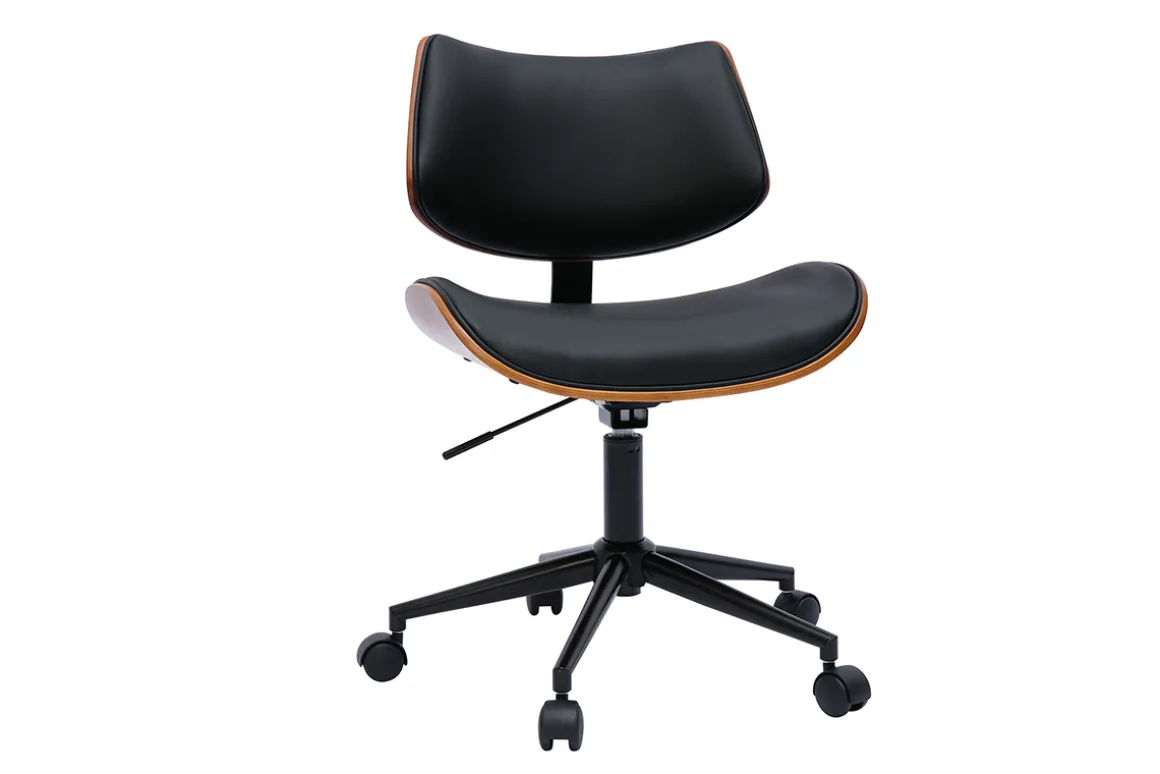 Online Miliboo Silla de oficina de diseño negra con ruedas, madera de nogal oscuro y metal negro MALMO