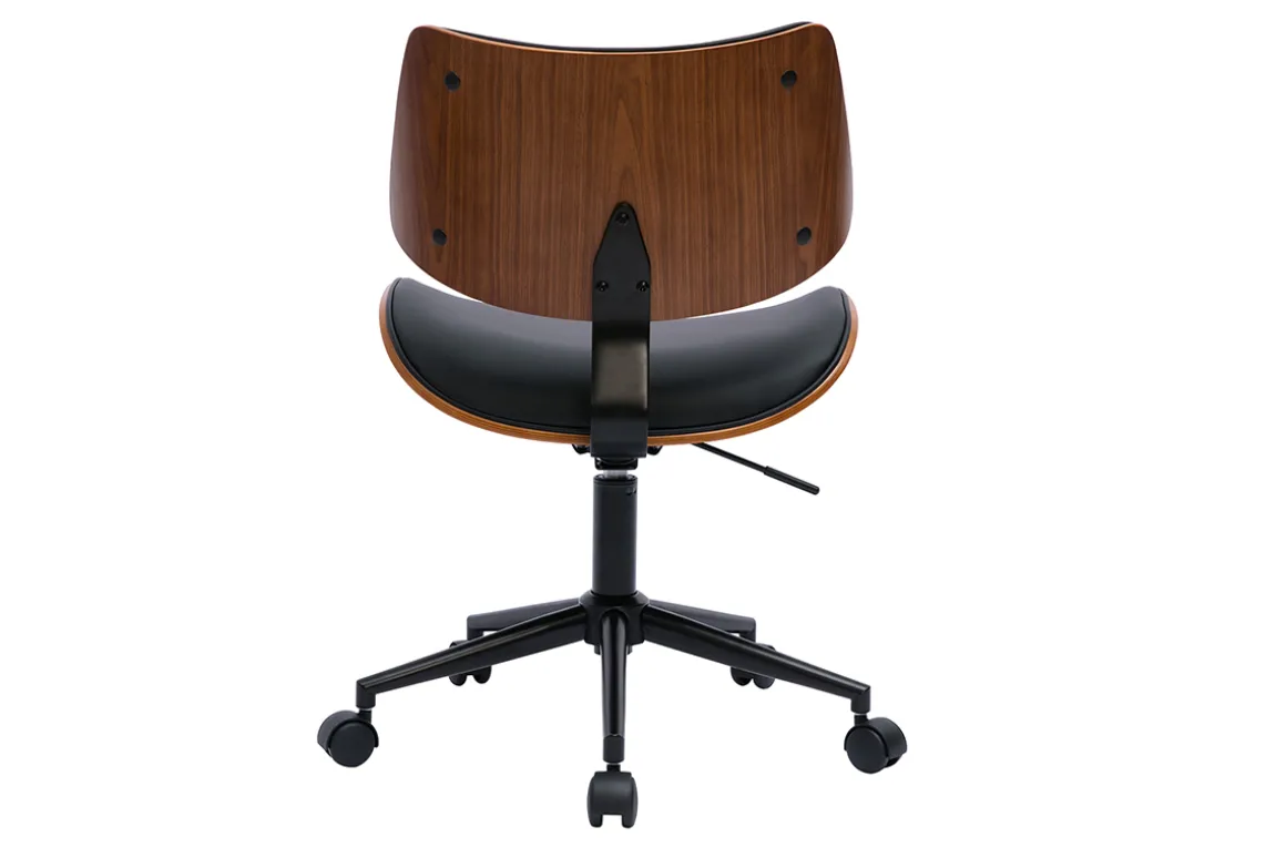 Online Miliboo Silla de oficina de diseño negra con ruedas, madera de nogal oscuro y metal negro MALMO