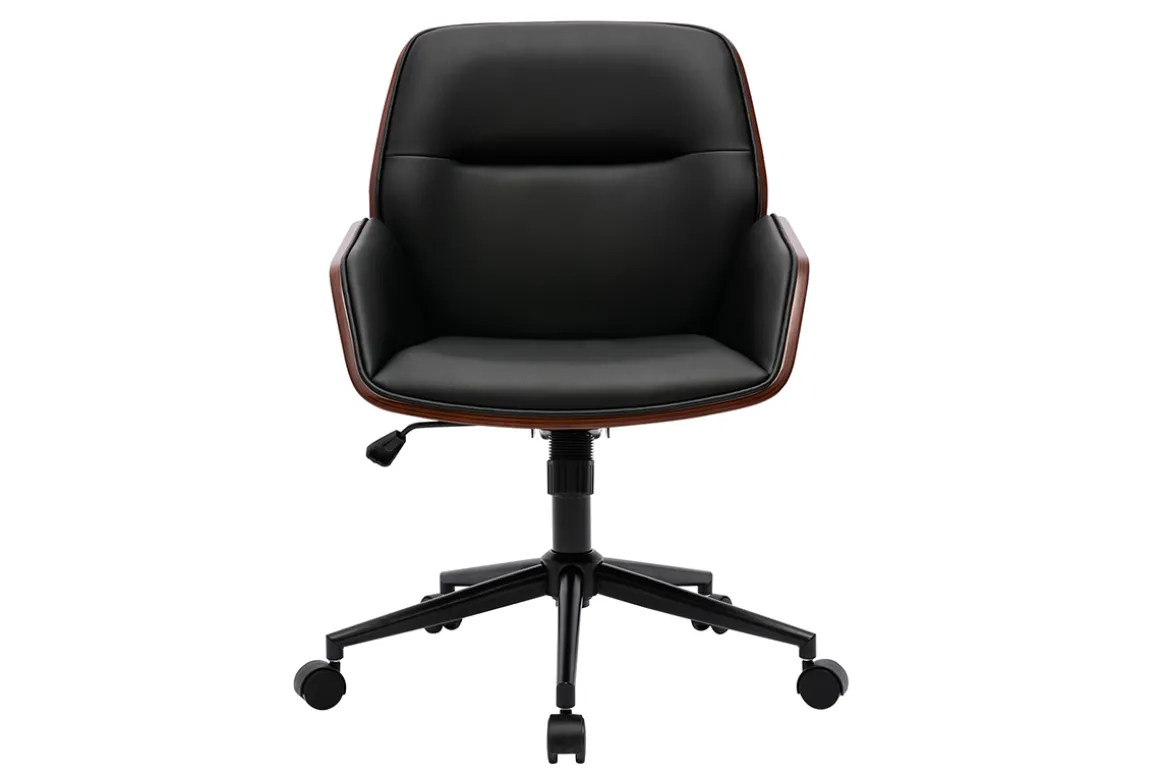 Best Sale Miliboo Silla de oficina de diseño negra con ruedas, madera oscura y metal negro MARLOW