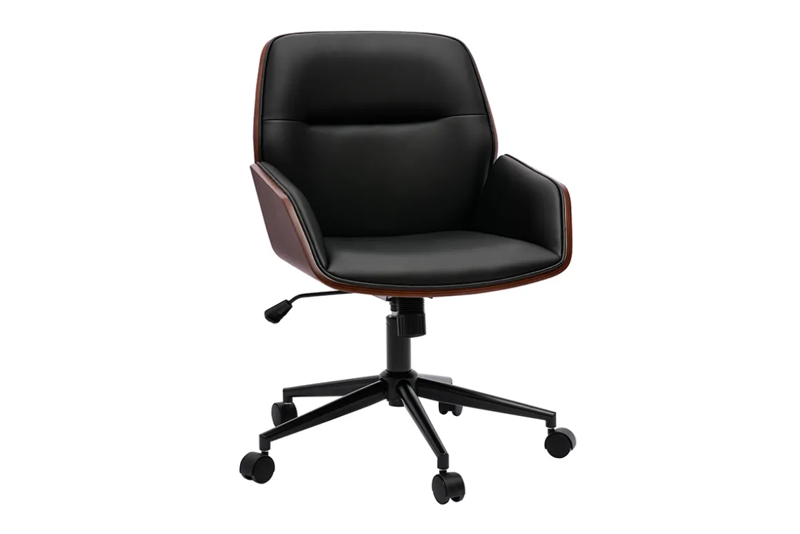 Best Sale Miliboo Silla de oficina de diseño negra con ruedas, madera oscura y metal negro MARLOW