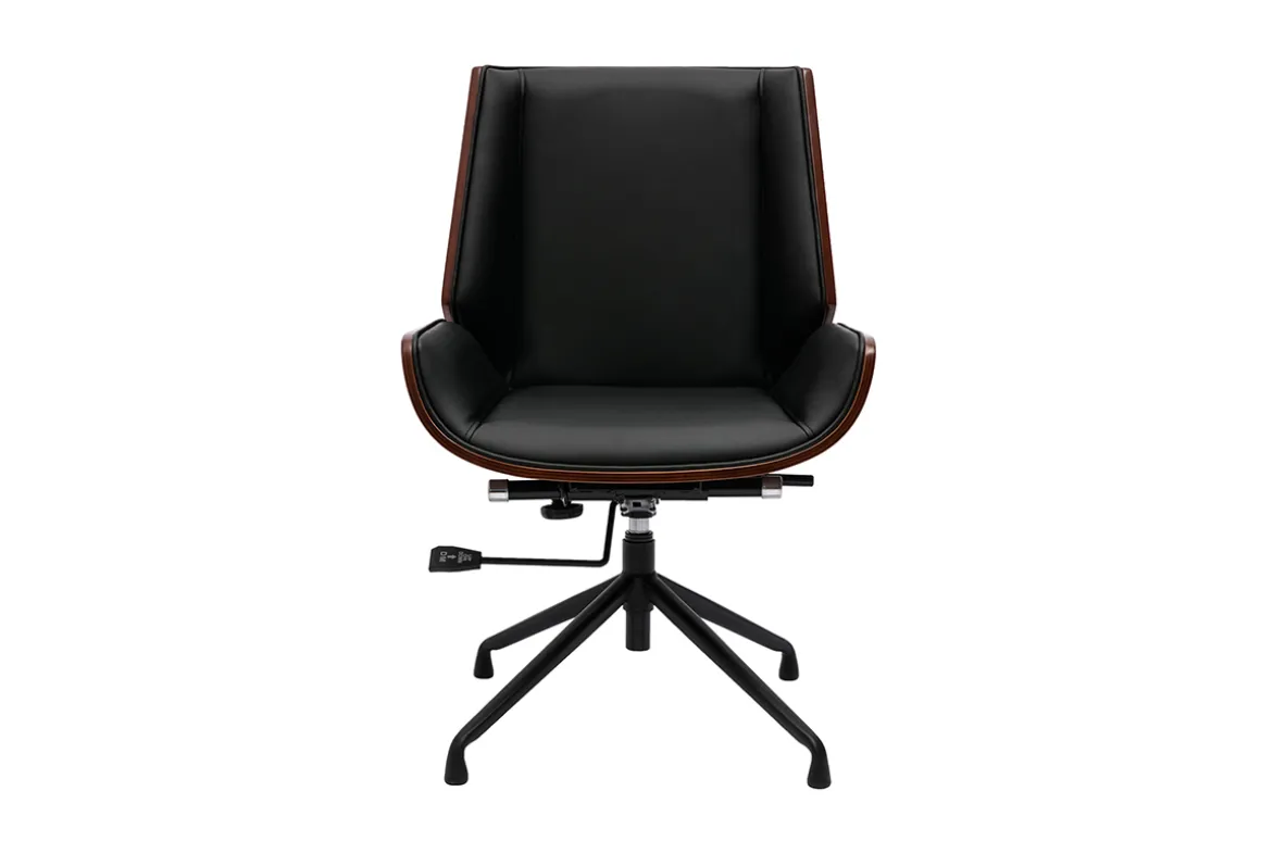 Best Sale Miliboo Silla de oficina giratoria de diseño 360° negra, madera oscura nogal y metal negro CURVED