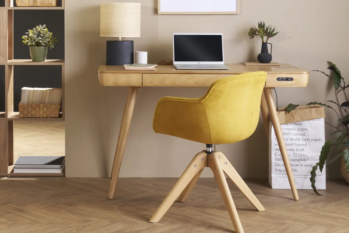 Discount Miliboo Silla moderna tejido efecto terciopelo amarillo mostaza y madera AARON