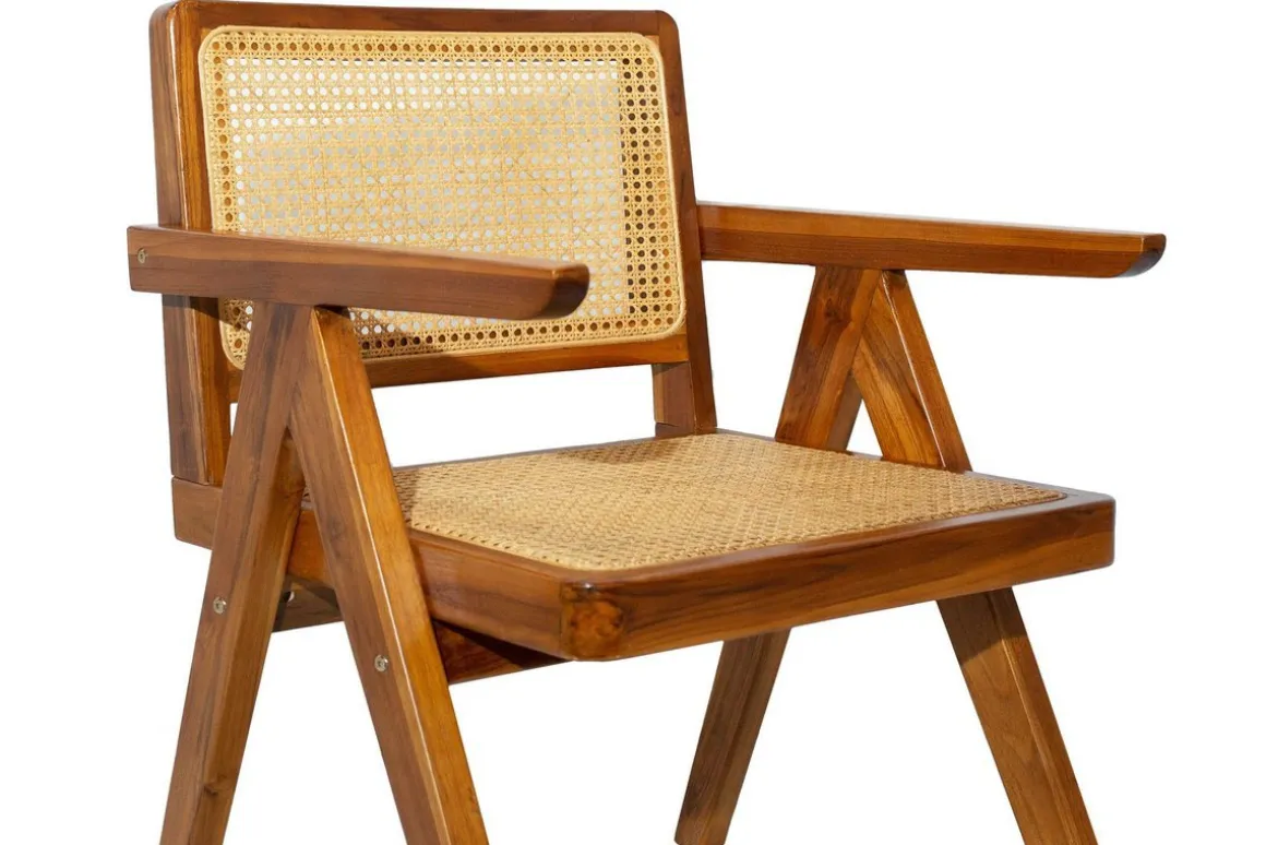 Clearance Miliboo Silla vintage de teca maciza y ratán JANNIE