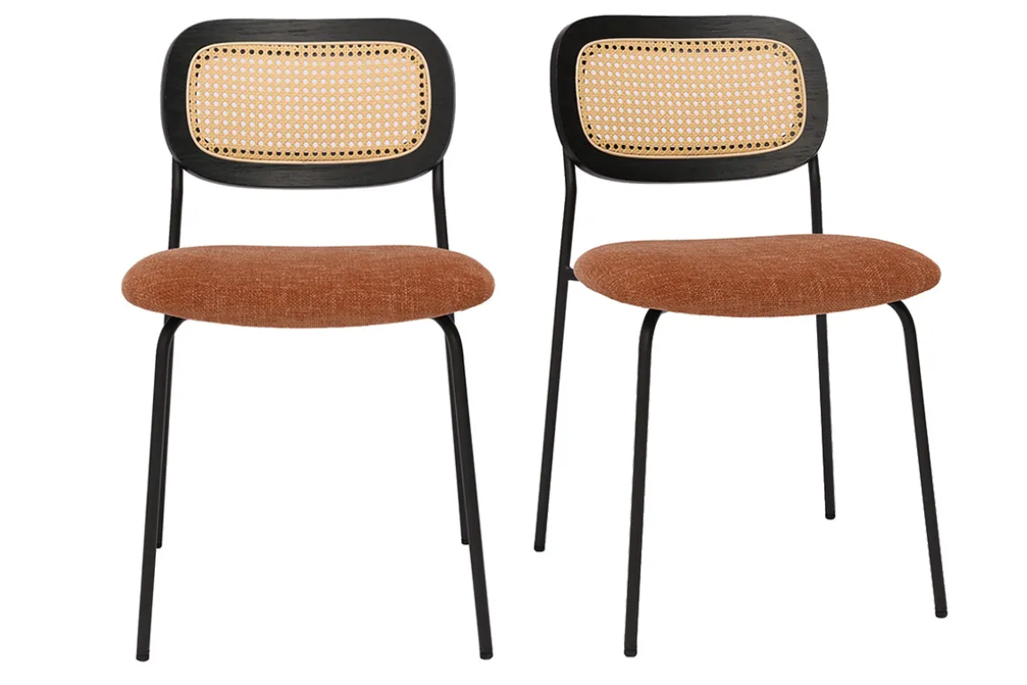 Sale Miliboo Sillas de diseño de tela de terciopelo texturizado color tierra quemada, metal negro y caña de ratán (juego de 2) MIRANDA